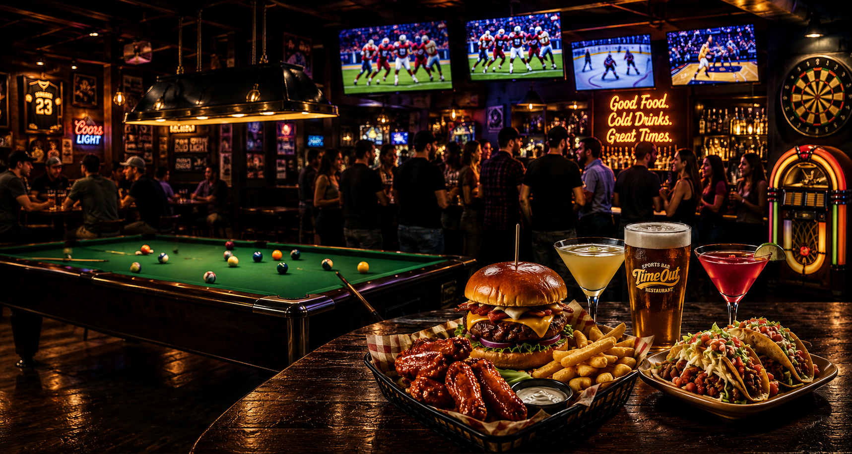 Time Out Sports Bar interior — Aroostook County's only true sports bar in Presque Isle, Maine, with pool tables, sports on every screen, and a 9-foot projection screen